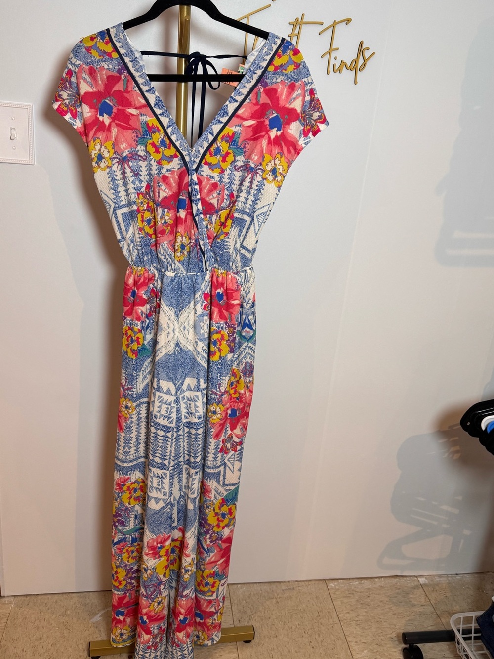 Flying Tomato Multicolor Floral Wrap Jumpsuit with Navy Trim